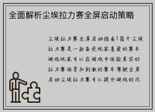 全面解析尘埃拉力赛全屏启动策略